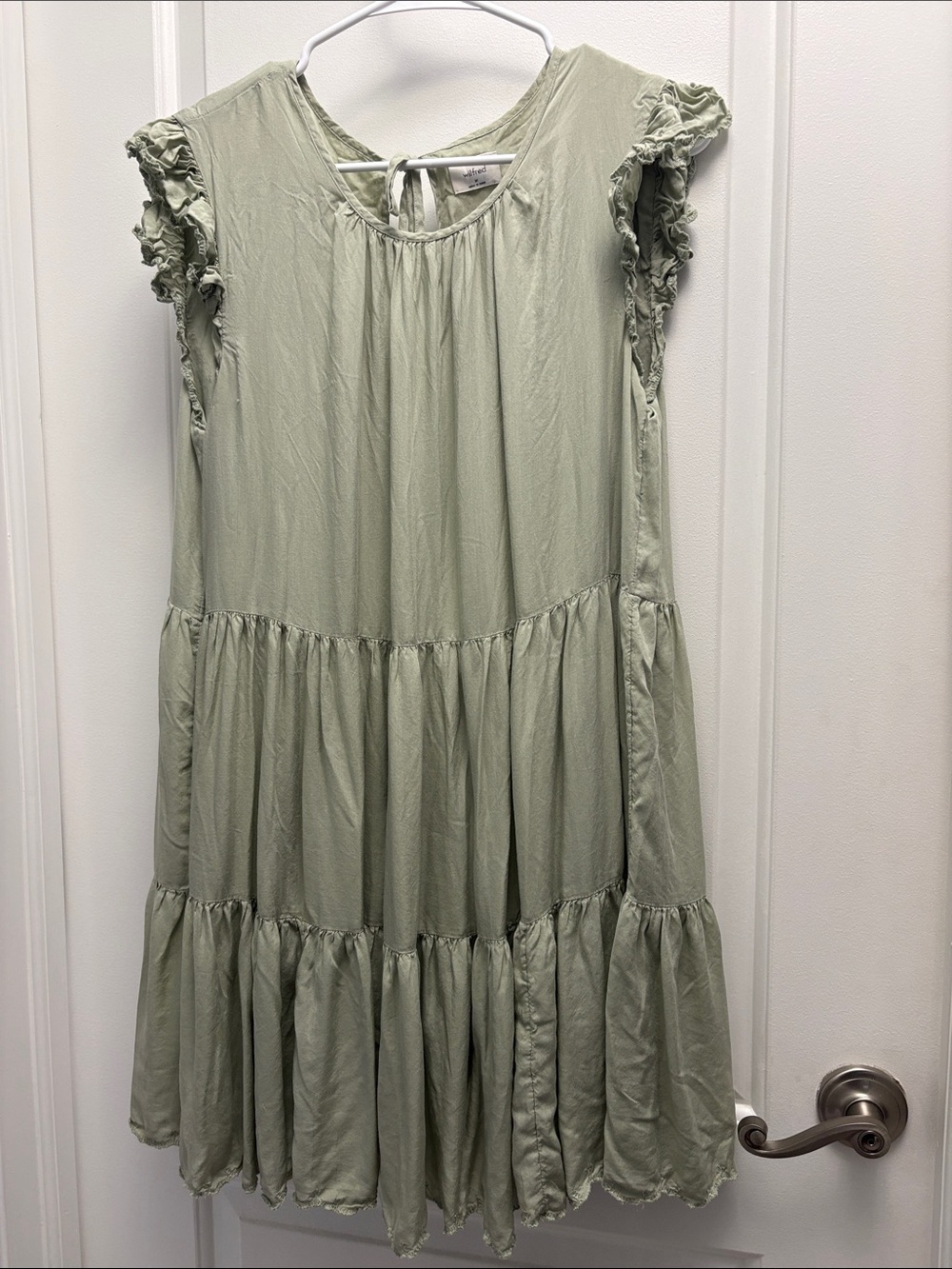 Aritzia Wilfred Sidonie Mini Dress Sage Green Tiered Ruffle Sleeve Boho Hippie